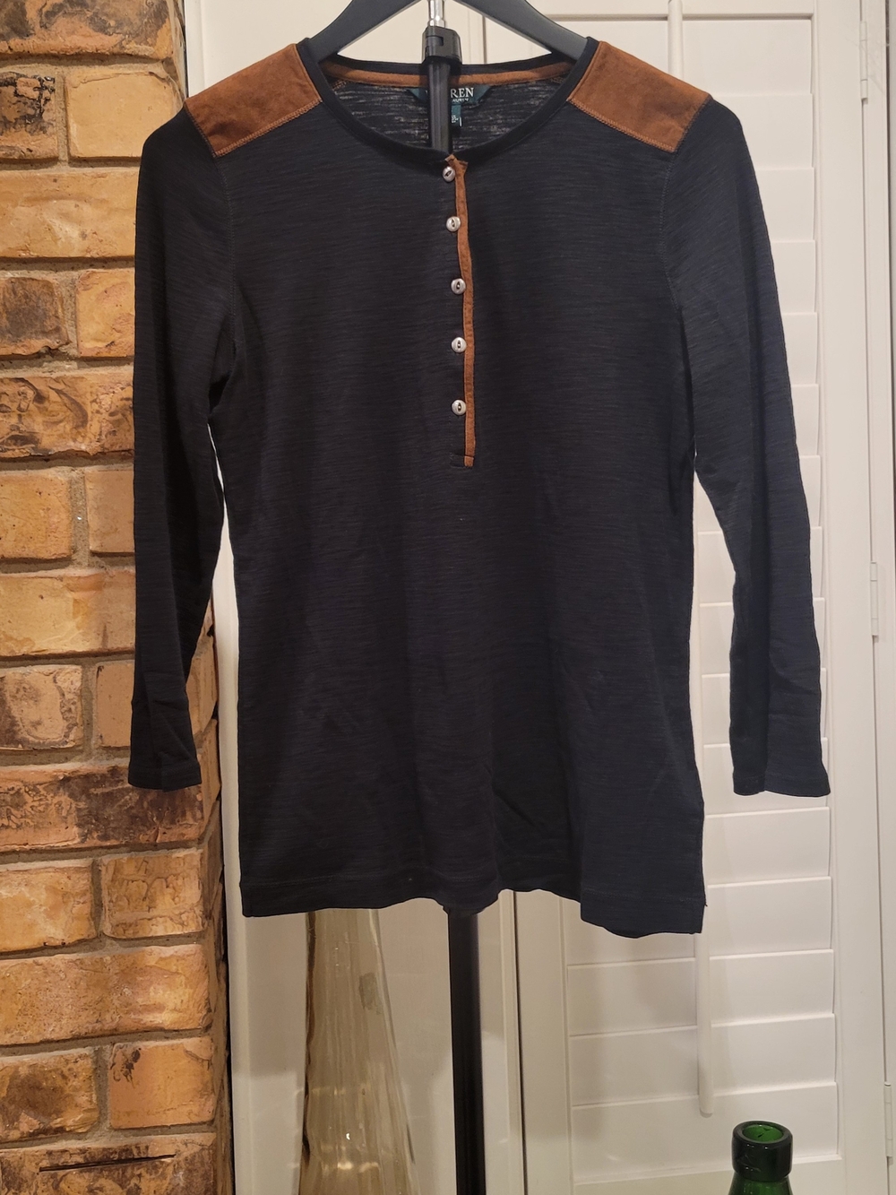 Ralph Lauren Black Long-Sleeve Henley with Brown Suede Shoulder Accents